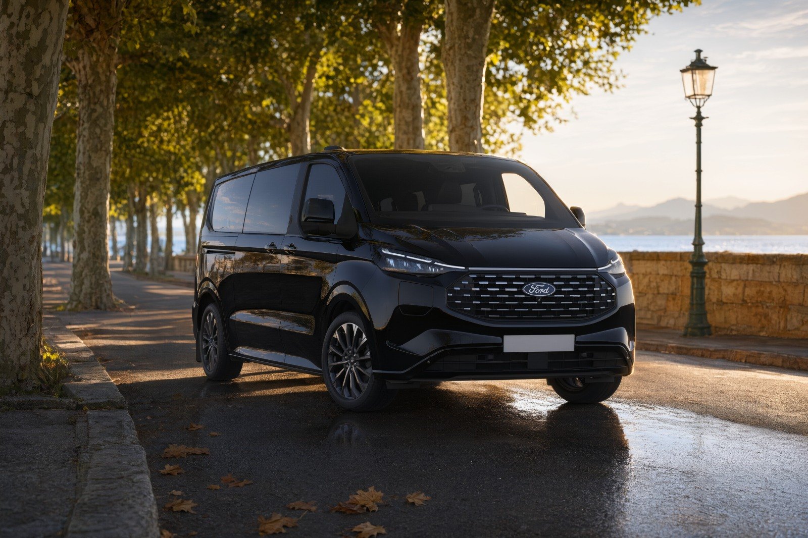 Ford Tourneo Custom noir, vue trois quarts avant, au bord du lac